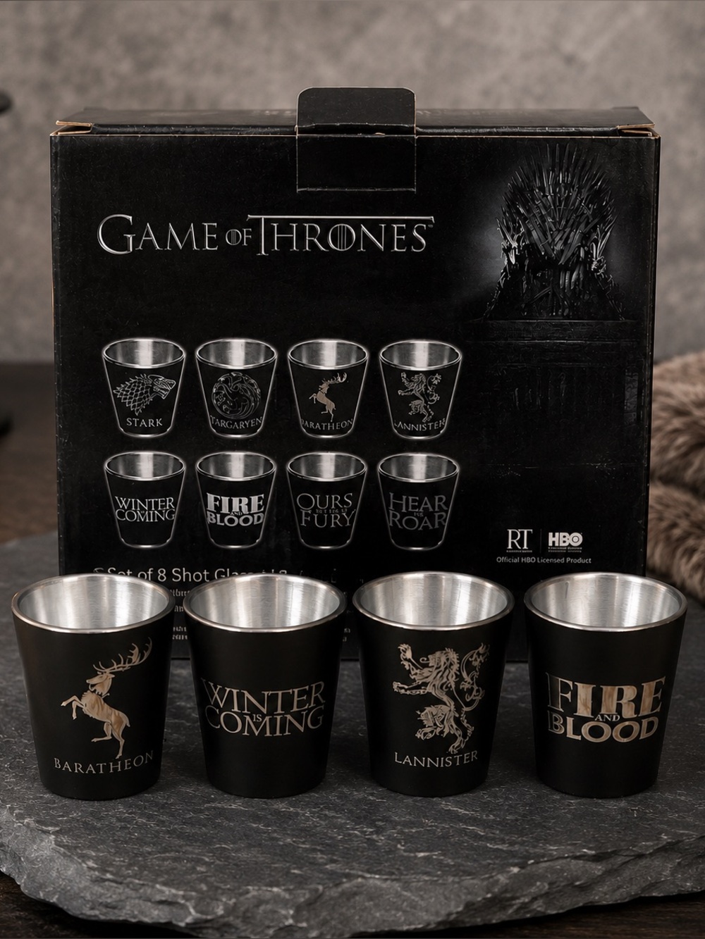 Game of Thrones 2015 HBO Stainless Steel Shot Glass 8 Set House Sigils Mottos